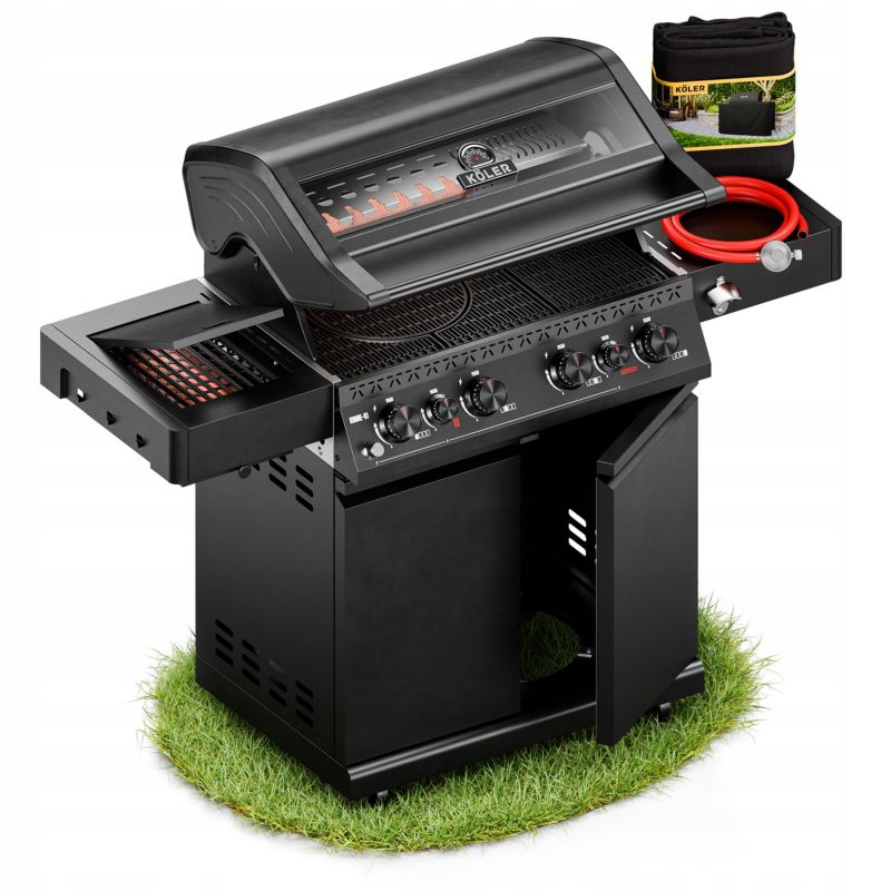Grill Gazowy Ogrodowy Koler KRONE S1 Stal Nierdzewna Czarny Szyba 21,6kW 4+1
