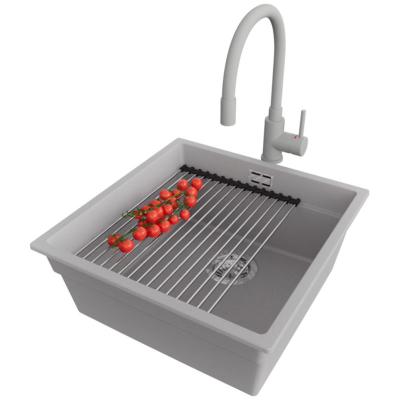 Zlewozmywak podblatowy Praga PRIMAGRAN 46x47cm do szafki od 50cm, Szary + Bateria + Syfon + Zwijany ociekacz, S206, 1 szt.