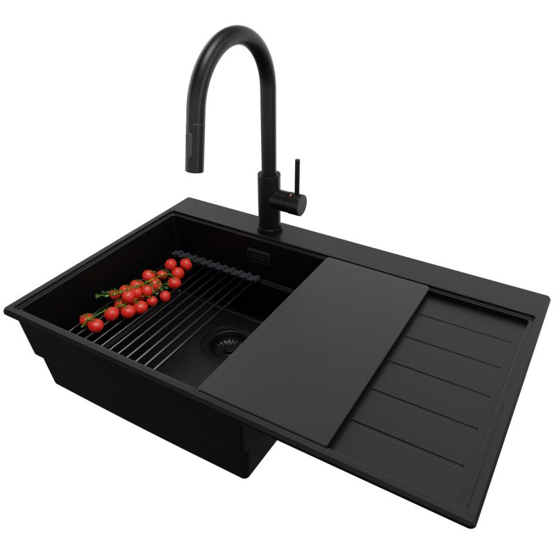 Zlewozmywak Granitowy Sydney PRIMAGRAN Nablatowy 78x50cm, Cały Czarny + Bateria + Syfon + Akcesorium, S383, 1 szt.