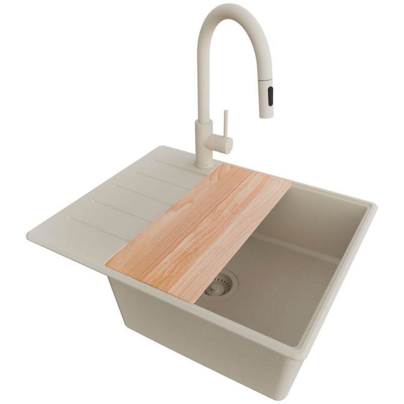 Zlewozmywak Granitowy Kopenhaga PRIMAGRAN Nablatowy 62x50cm do szafki od 50cm, Beżowy + Bateria + Syfon + Deska, S458, 1 szt.