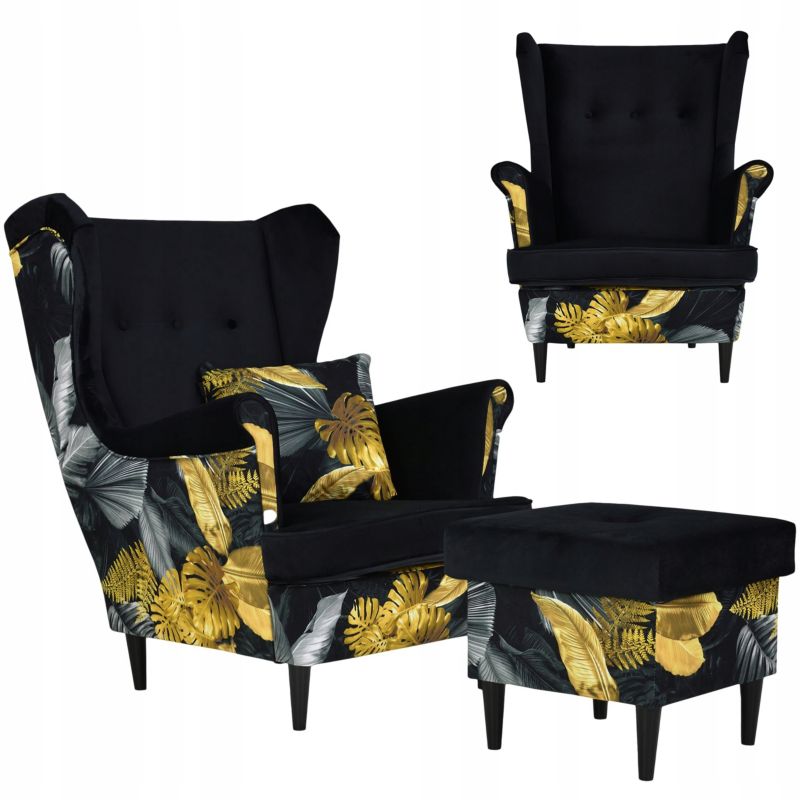 Fotel uszak do salonu z podnóżkiem Family Meble Ari Print Duo ciemny liście 1szt