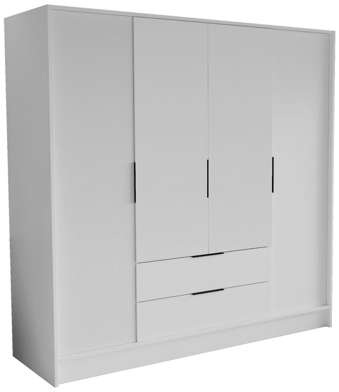 Czterodrzwiowa biała szafa uchylna 200 cm z półkami NUBIA