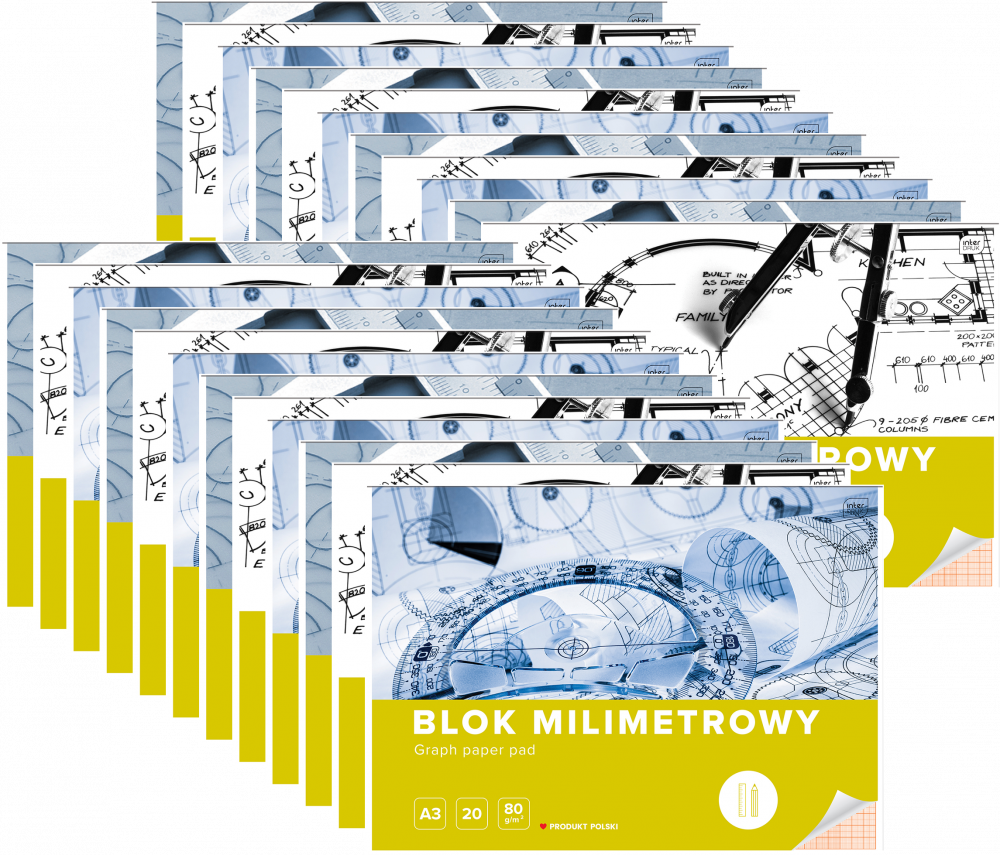 50x Blok milimetrowy Interdruk, A3, 20 kartek, mix wzorów