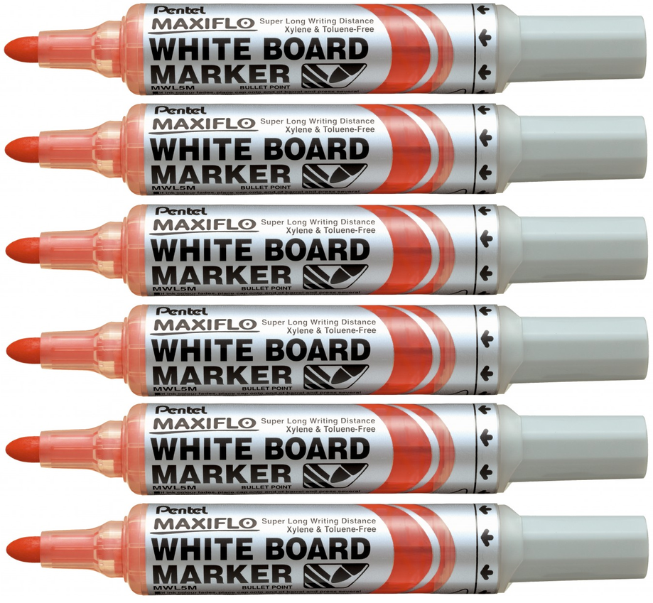 6x marker suchościeralny Pentel Maxiflo MWL5M, z tłoczkiem, okrągła, 6mm, czerwony