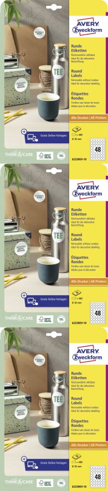 3x Etykiety samoprzylepne usuwalne Avery Zweckform, okrągłe, średnica 30mm, 10 arkuszy, 480 sztuk, biały