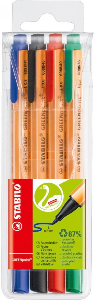 Cienkopis Stabilo Green Point, 0.8 mm, w etui, 4 sztuki, mix kolorów