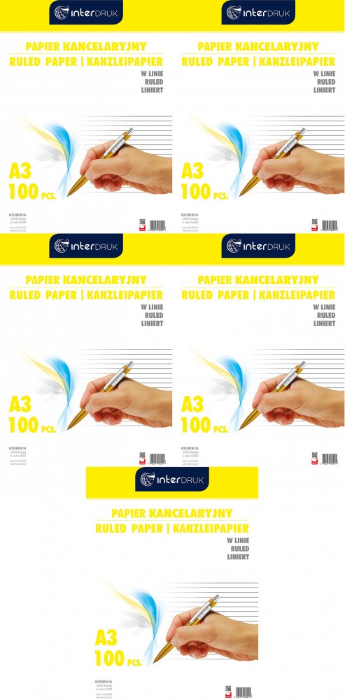 5x Papier kancelaryjny Interdruk, A3, w linie, 100 arkuszy