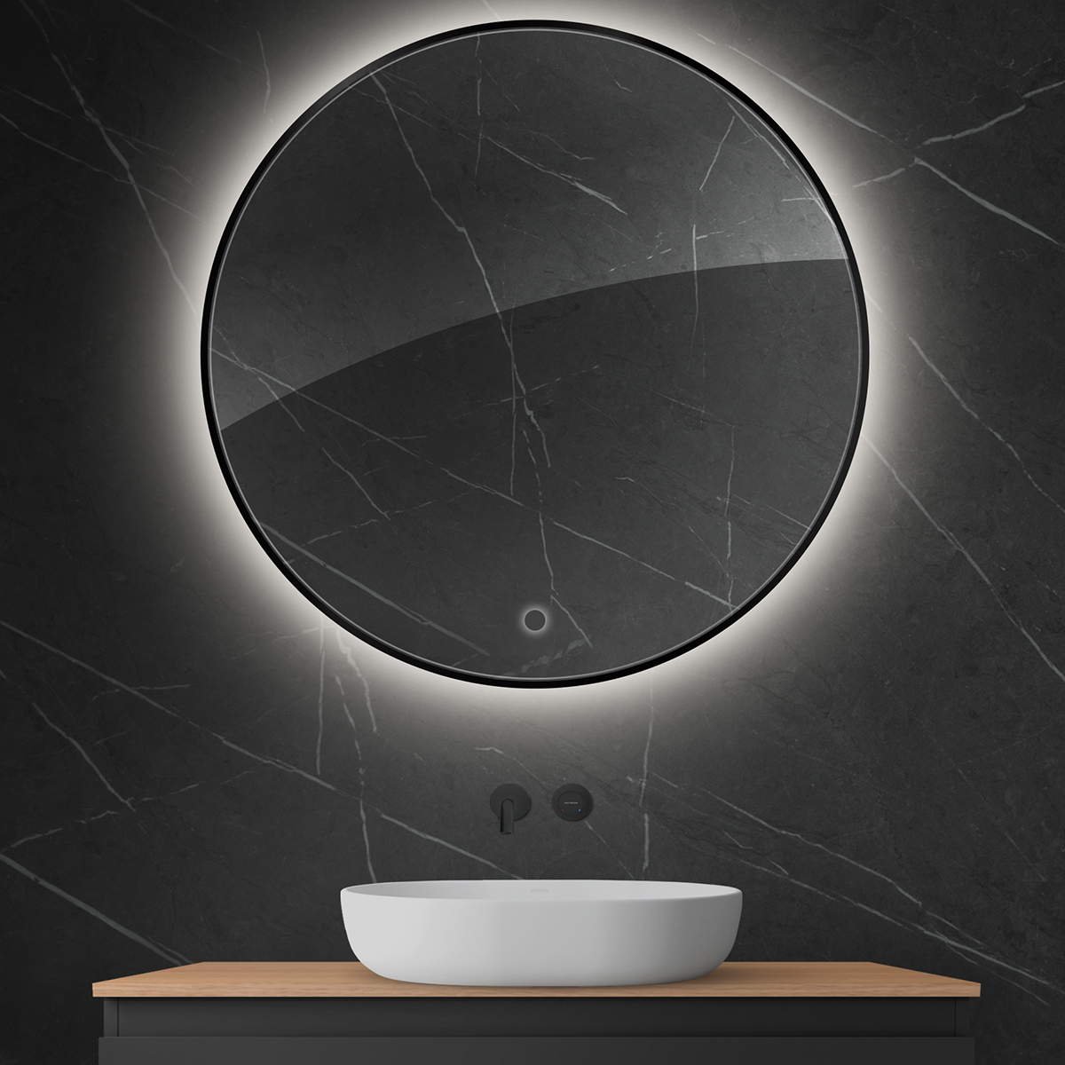 Oltens Nordlis lustro 100x100 cm okrągłe z oświetleniem od tyłu z matą grzewczą czarny 64110300 - Wysyłka w 24h