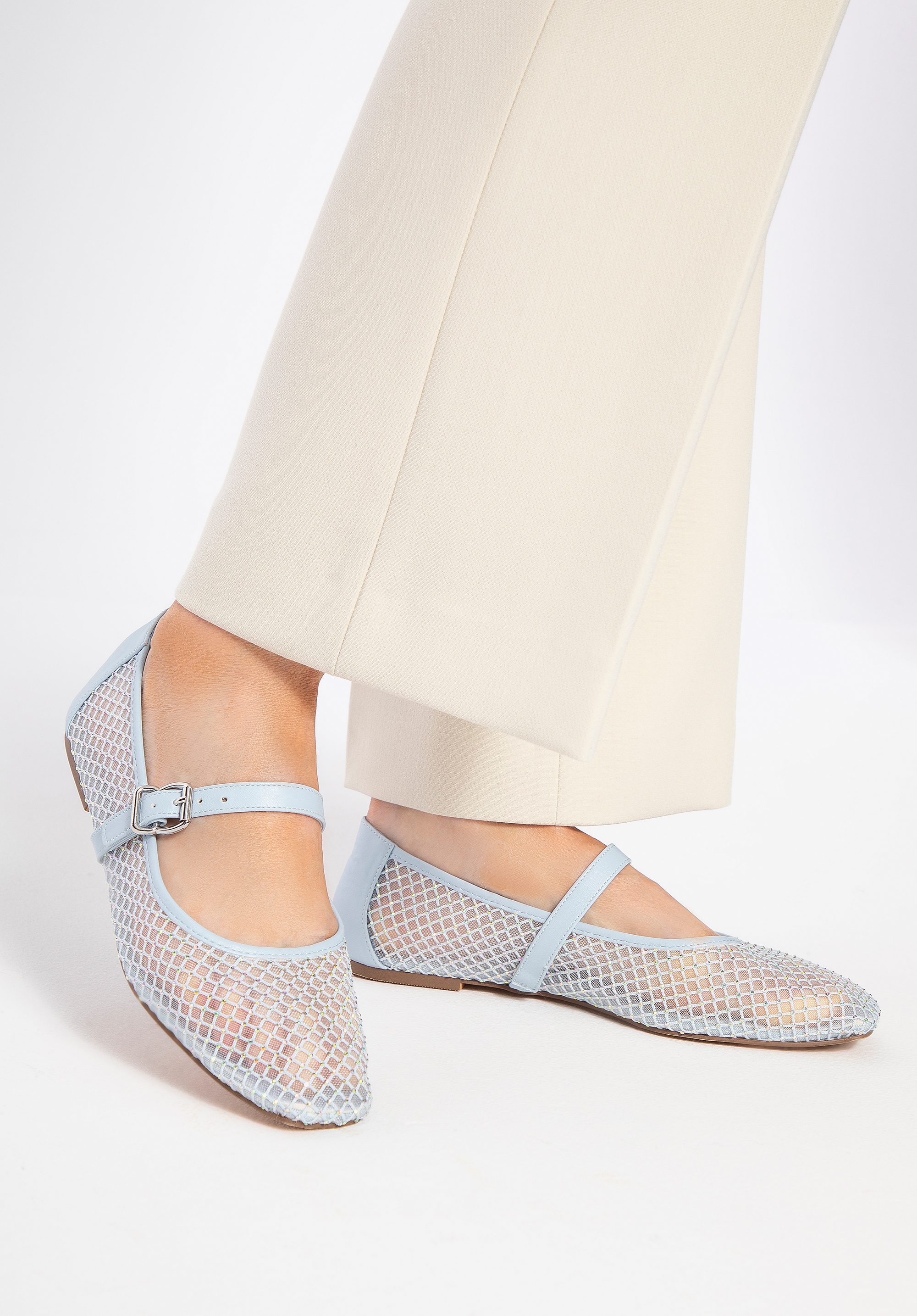 Damskie baleriny z błyszczącymi akcentami niebieskie