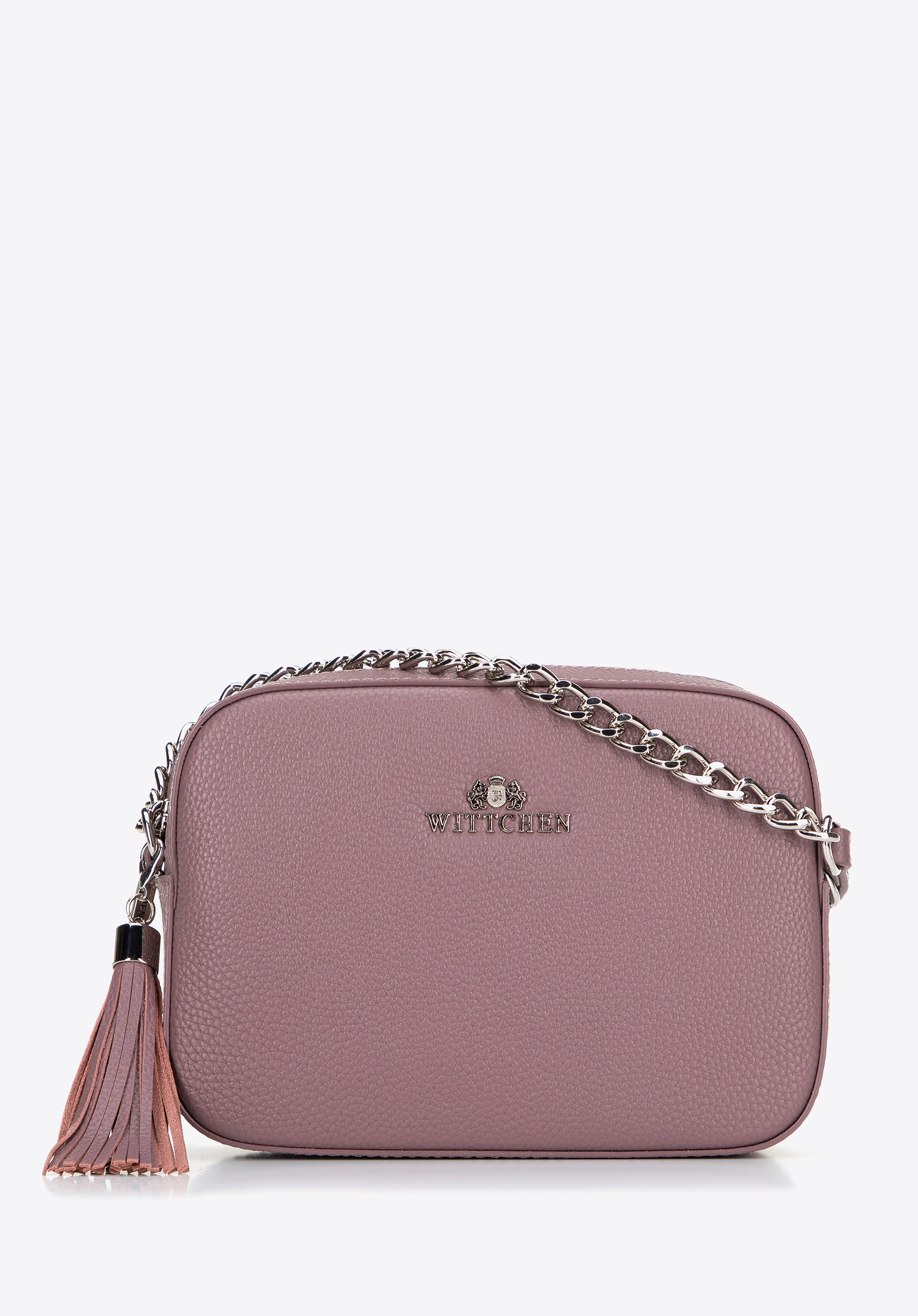 Damska listonoszka skórzana pudełkowa na łańcuszku fioletowa