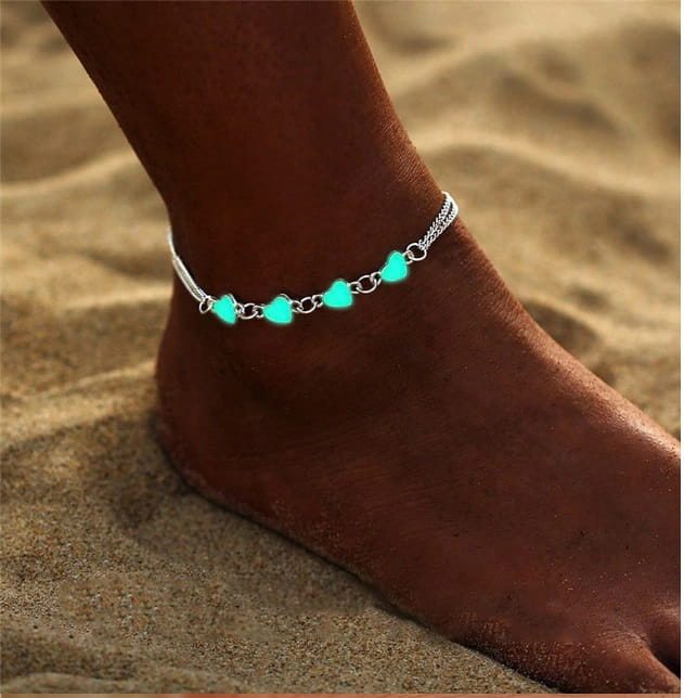 Srebrna bransoletka damska na stopę świecąca w ciemności 027