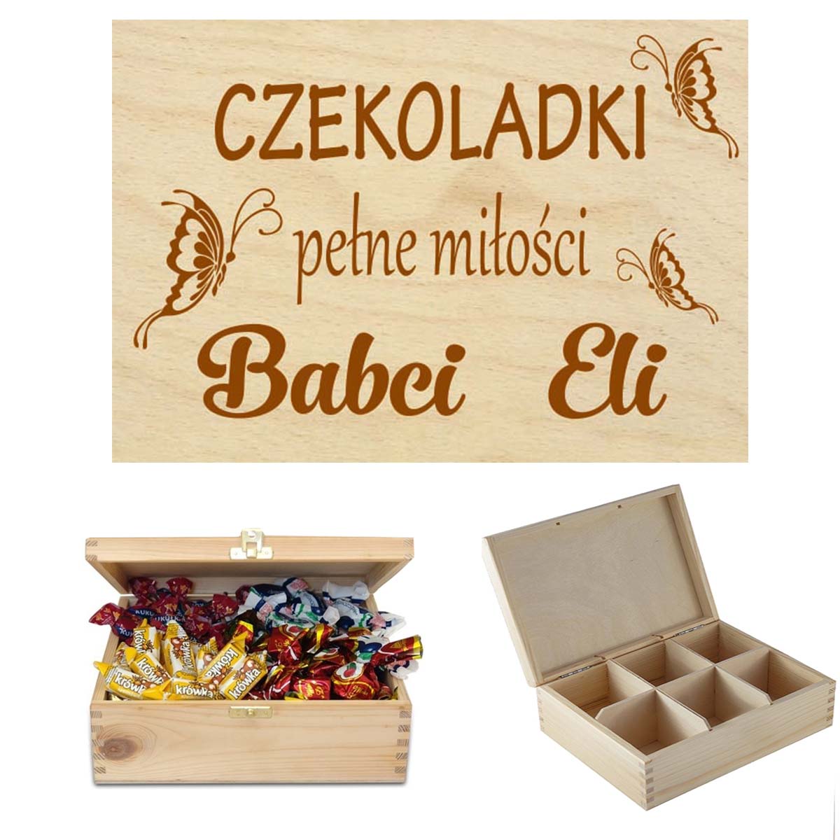 Prezent dla Babci drewniane pudełko na słodycze, czekoladki, cukierki, sprzęt krawiecki, niezbędnik na drobiazgi, herbaciarka z grawerem Imi