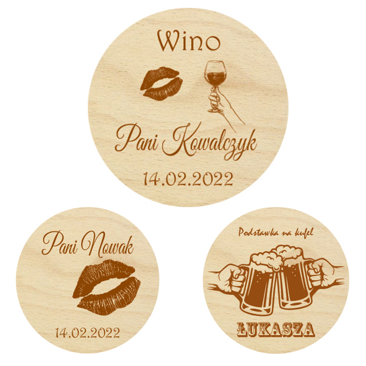 Drewniana podstawka podkładka pod kubek szklankę świecę na Ślub Walentynki Urodziny z Imieniem na prezent śiwęta grawer personalizacja słowo napis