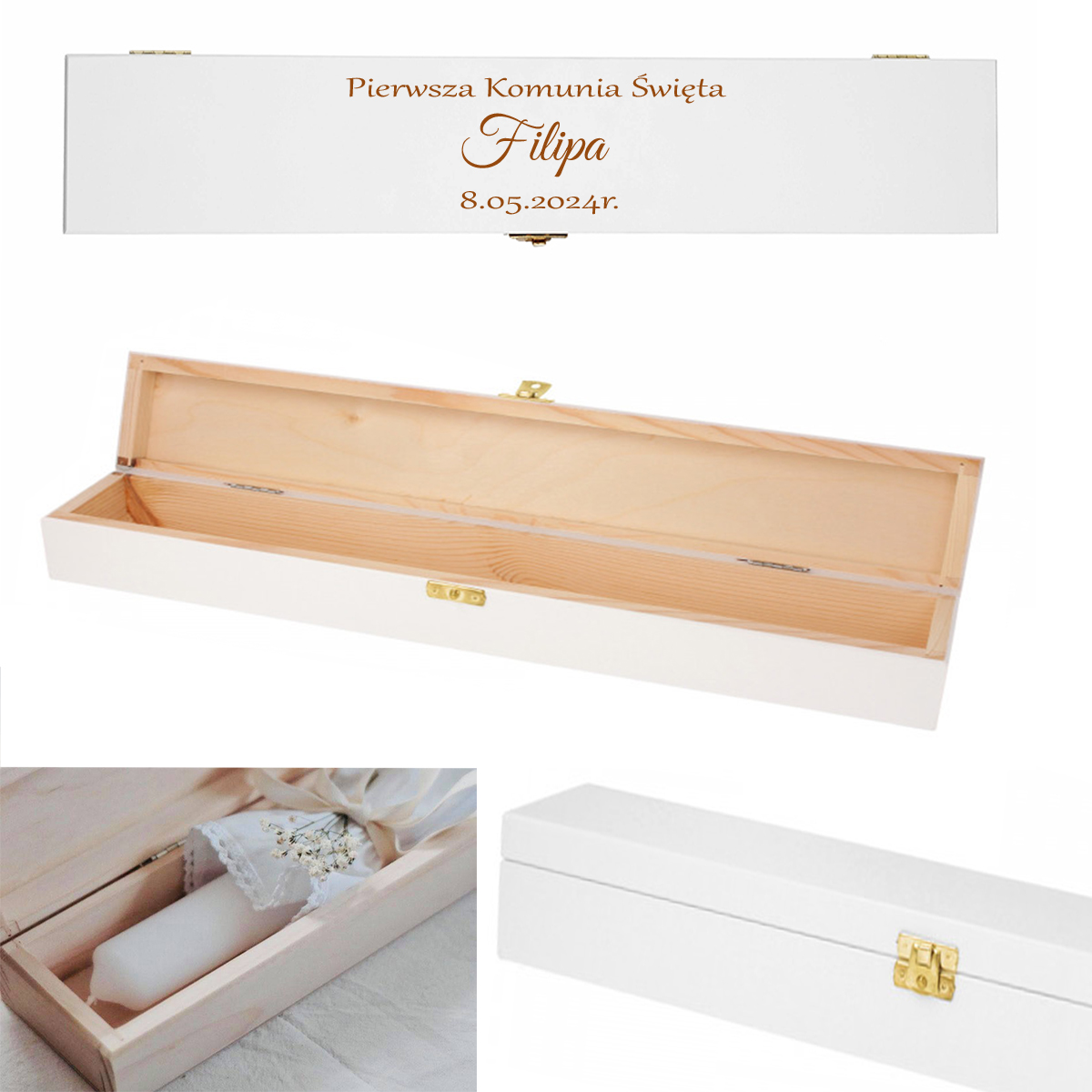Pudełko drewniane na świecę na Komunię Świętą, kolor biały, grawer imię data napis