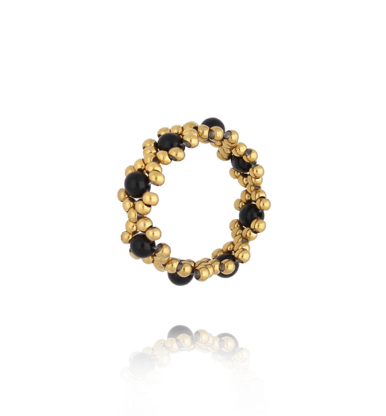 Pierścionek elastyczny z czarnymi agatami złoty PSC0686