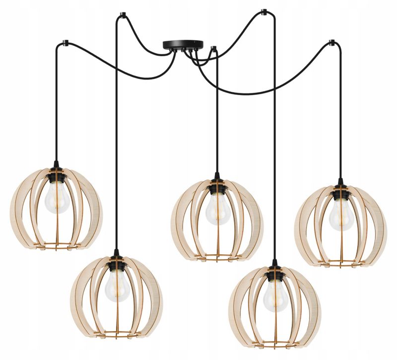 Lampa sufitowa wisząca Light Home LH Spider Timber Drewno 5x E27 60W okrągły klosz czarny/naturalny 1szt.