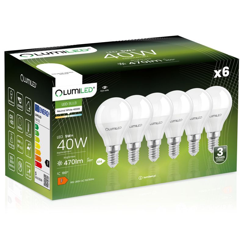 Żarówka LED LUMILED E14 P45 5W 470lm 4000K 180st 6 szt.