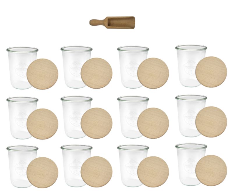 Słoiki MODO24 Weck 850 ml fi 100 mold drewniane wieka miarka 12 kpl.