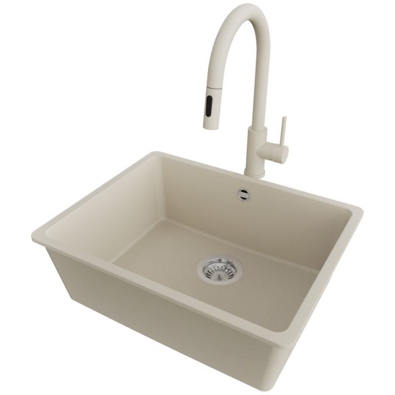 Zlewozmywak Granitowy Wenecja Slim Easy PRIMAGRAN Nablatowy 56x44cm do szafki od 60cm, Beżowy + Bateria + Syfon, S085, 1 szt.