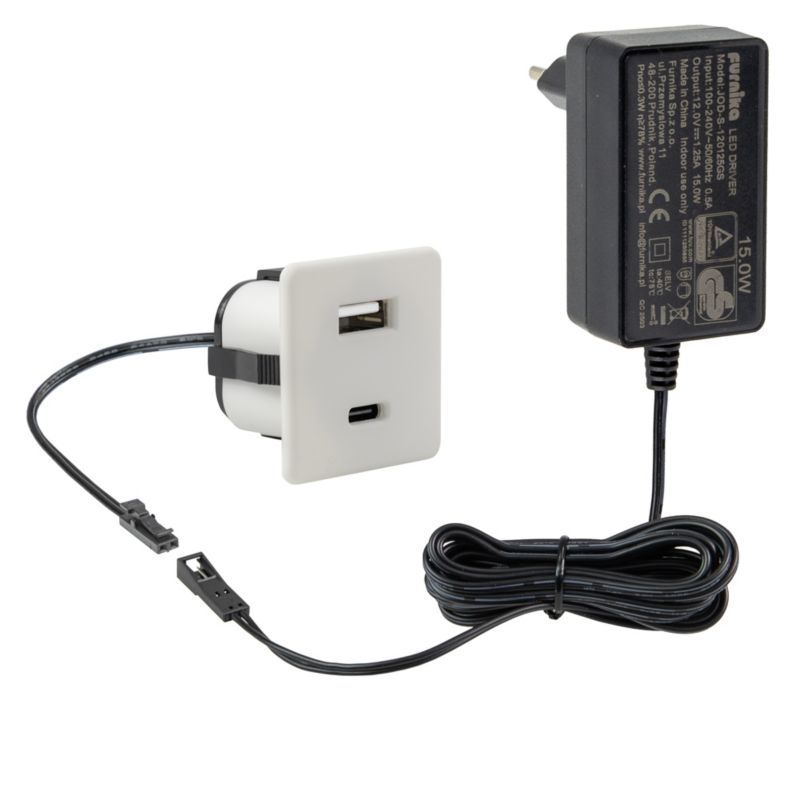 Ładowarka meblowa FURNIKA USB-A + USB-C wpuszczana do płyty biała 1szt.