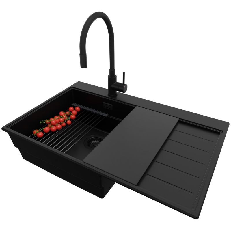 Zlewozmywak Granitowy Sydney PRIMAGRAN Nablatowy 78x50cm, Cały Czarny + Bateria + Syfon + Akcesorium, S384, 1 szt.