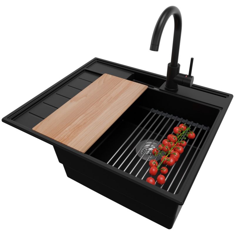 Zlewozmywak Granitowy Sydney Pocket PRIMAGRAN Nablatowy 62x53cm, Czarny + Bateria + Syfon + Akcesorium, S032, 1 szt.