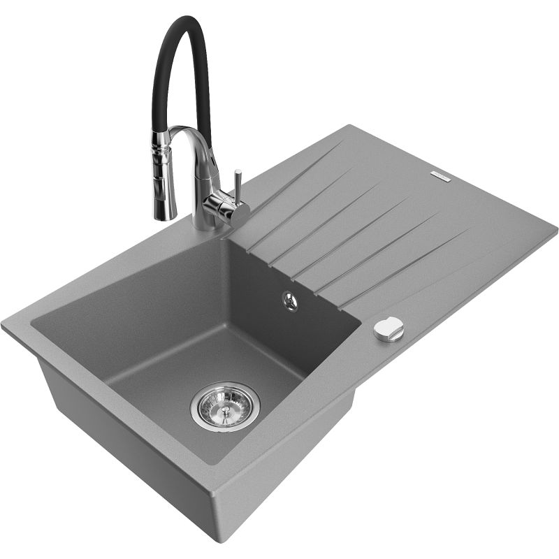 Zlewozmywak granitowy 1-komorowy Mexen Cesar z ociekaczem i baterią kuchenną Aster szary - 6514-71-73450-57-B 1 szt.