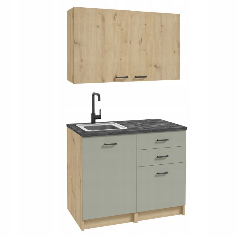 Zestaw Szafek Stamar do Kuchni 1000x600 cm Dąb Artisan/Zielony +Blat Czarny + Wisząca 1 szt