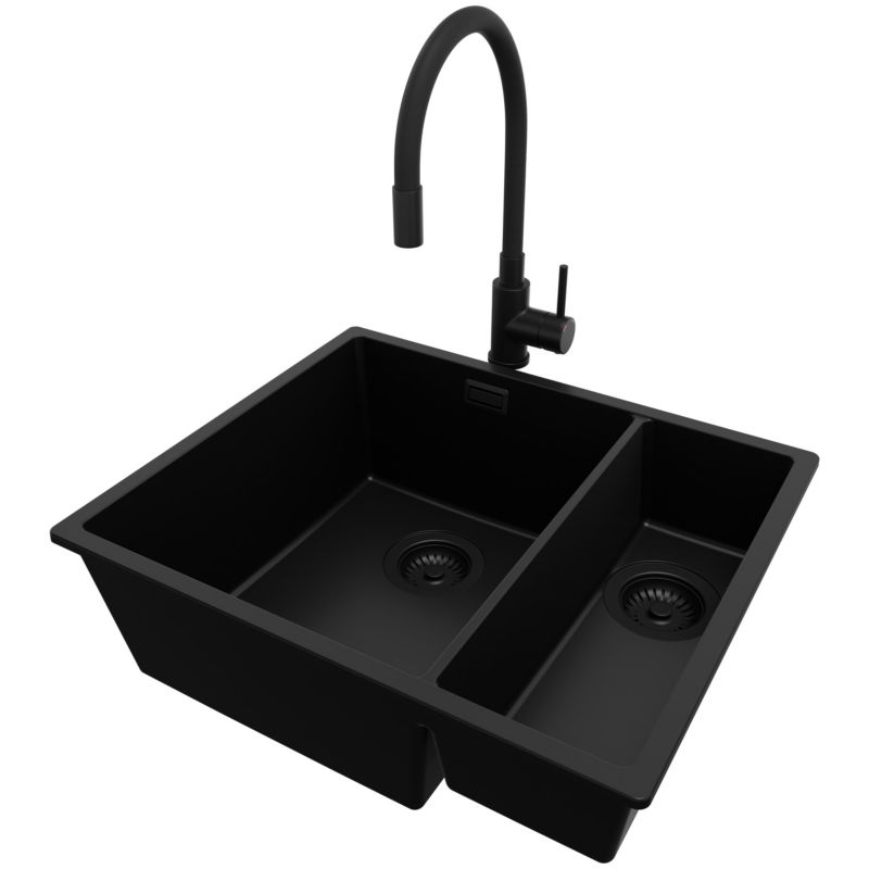 Zlewozmywak Granitowy Londyn Slim Duo PRIMAGRAN Nablatowy 56x47cm do szafki od 60cm, Cały Czarny + Bateria + Syfon, S028, 1 szt.