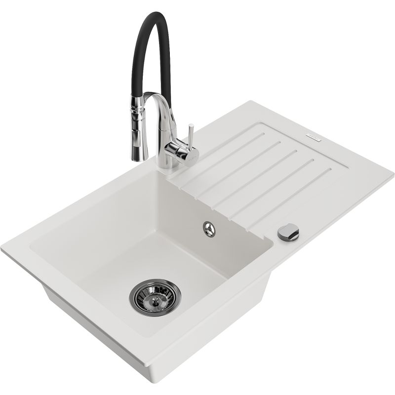 Zlewozmywak granitowy 1-komorowy Mexen Pablo z ociekaczem i baterią kuchenną Aster biały 6510-20-73450-07-B