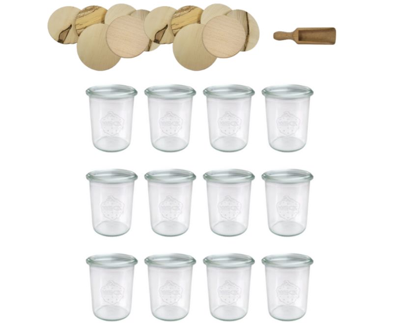 Słoiki MODO24 Weck 160 ml fi 60 mold z drewnianymi wiekami i miarką 12 kpl.