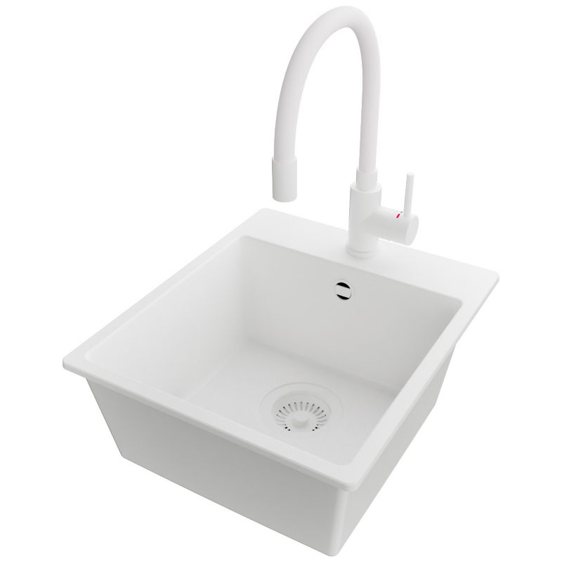 Zlewozmywak Granitowy Ryga Easy PRIMAGRAN Nablatowy 38x44cm do szafki od 40cm, Cały Biały + Bateria 38x14cm + Syfon, S030, 1 szt.