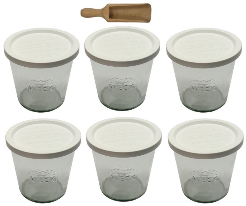 Słoiki MODO24 Weck 580 ml fi 100 mold plastikowe wieka miarka 6 kpl.