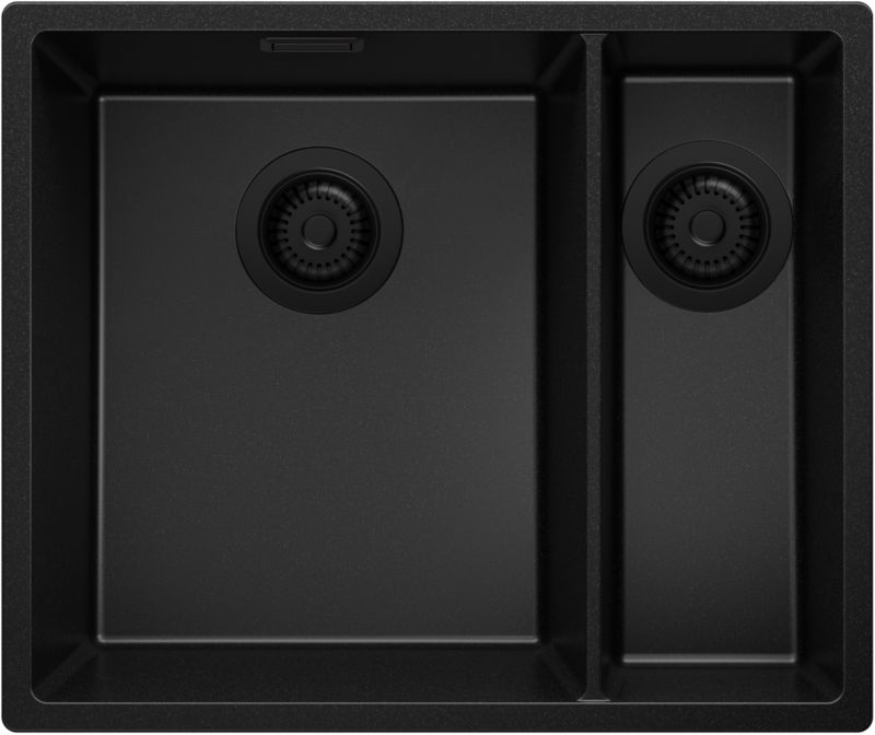 Zlewozmywak Londyn Slim Duo PRIMAGRAN Nablatowy 56x47cm do szafki od 60cm, Cały Czarny + Syfon, S007, 1 szt.