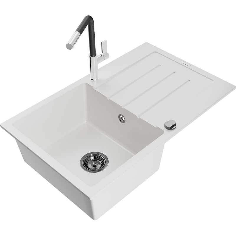 Zlewozmywak granitowy 1-komorowy Mexen Bruno z ociekaczem i baterią kuchenną Flora biały 6513-20-670401-07-B