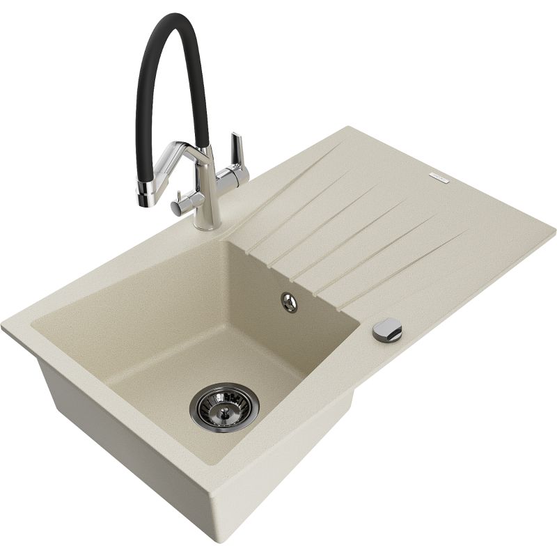 Zlewozmywak granitowy 1-komorowy Mexen Cesar z ociekaczem i baterią kuchenną Duo beżowy 6514-69-671701-07-B