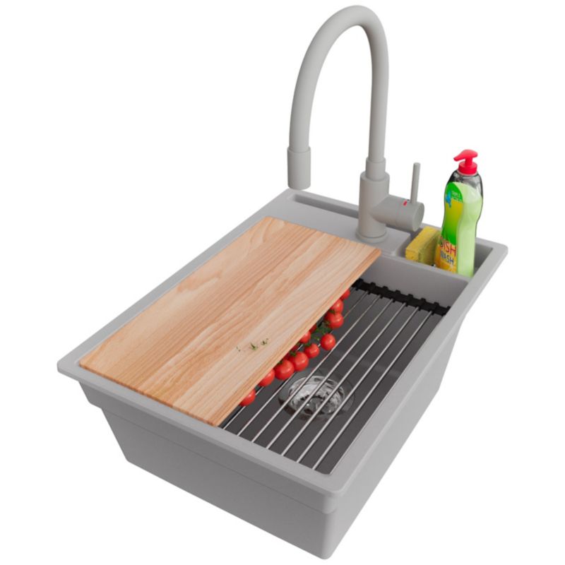 Zlewozmywak Granitowy Oslo Pocket PRIMAGRAN Nablatowy 38x53cm, Szary + Bateria + Syfon + Akcesorium, S051, 1 szt.