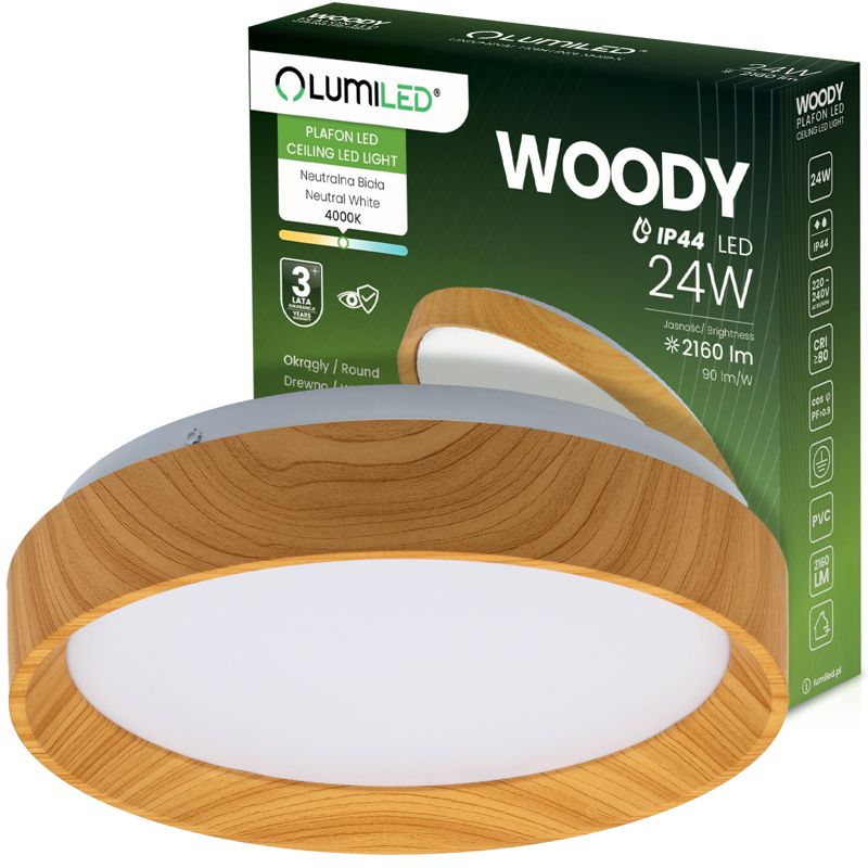 Plafon LED Lumiled Lampa Sufitowa Natynkowa Drewno PVC 24W 4000K Okrągły IP44 32cm 1 szt.