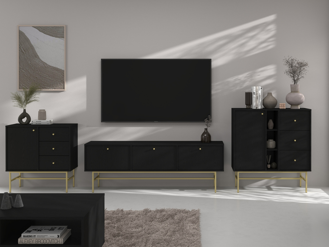 Nowoczesna czarna meblościanka do salonu z komodą TOKEN