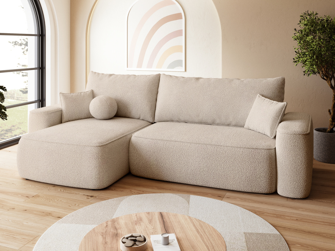 Nowoczesny narożnik beżowy z funkcją spania CARMELLO DUO boucle