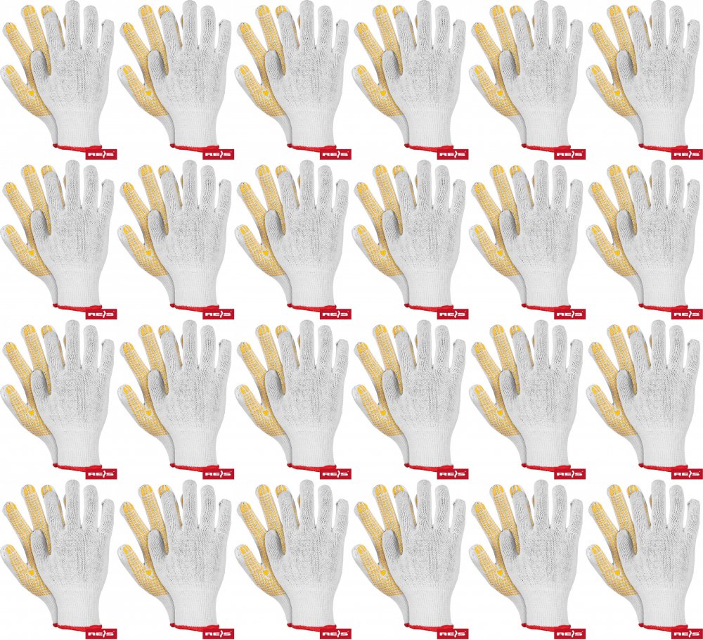 24x Rękawice robocze Reis RDZN, tkaninowe, nakrapiane, rozmiar 10, biało-żółty