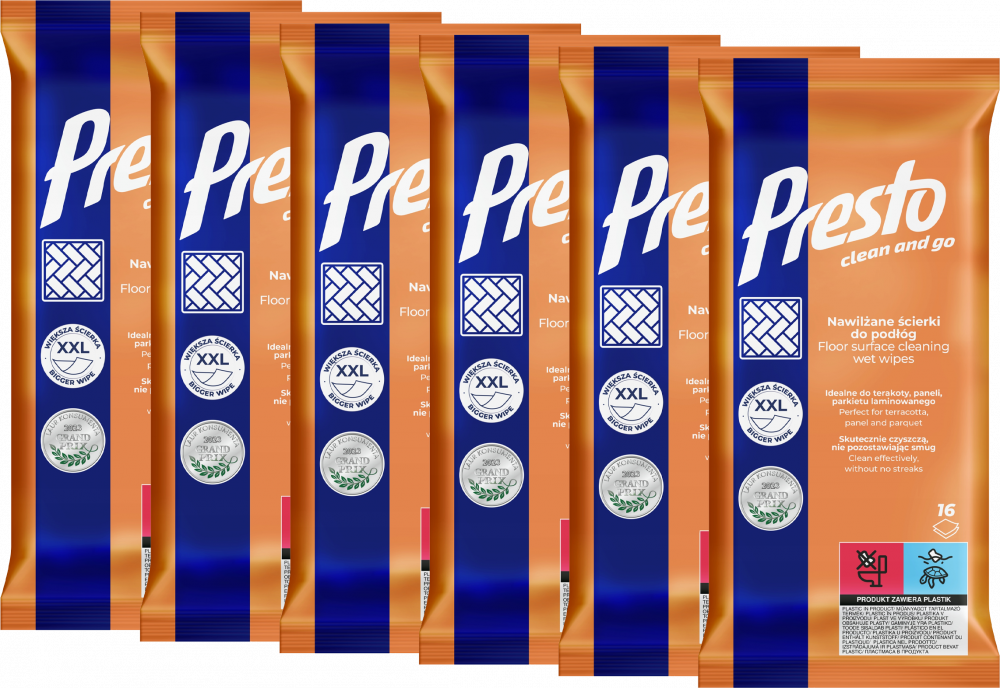6x Chusteczki do czyszczenia podłóg Presto, nawilżone, 16 sztuk