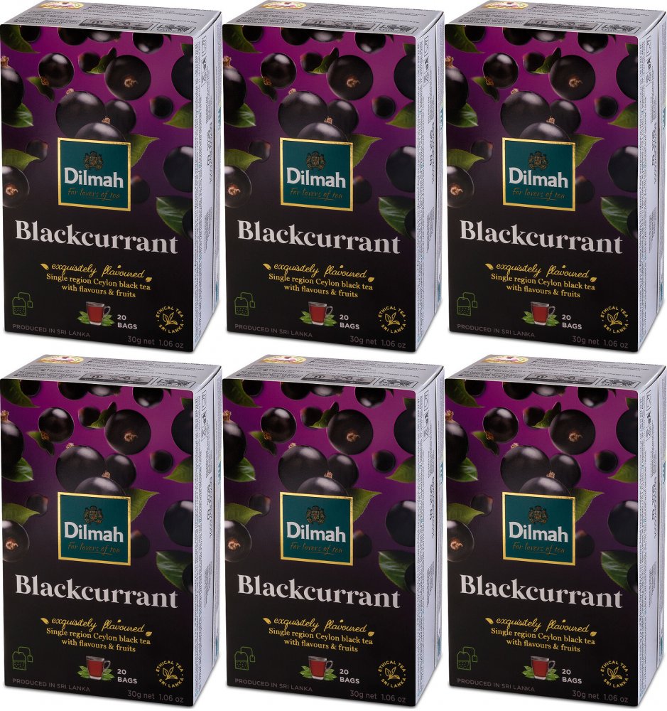6x Herbata czarna aromatyzowana w torebkach Dilmah, czarna porzeczka, 20 sztuk x 1.5g