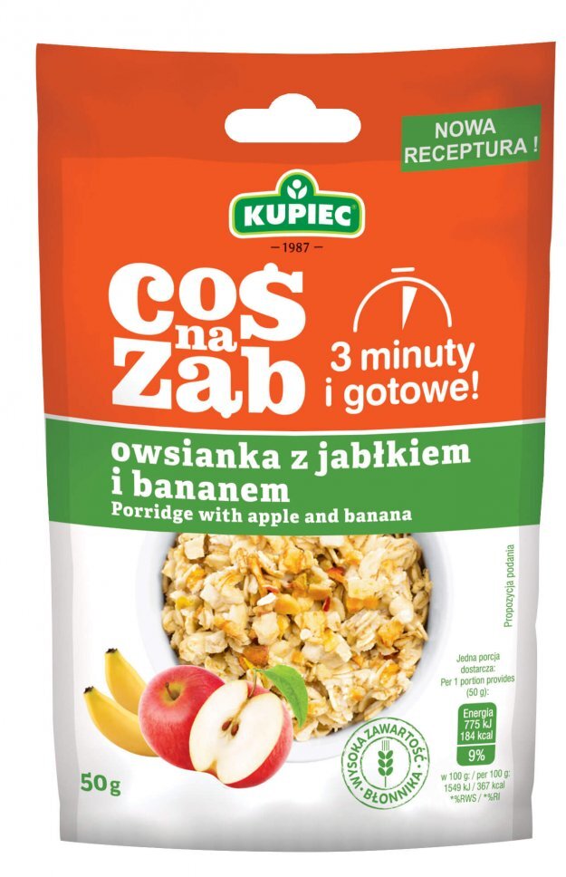 Outlet: WAŻNY DO 2026-02-28 Owsianka Kupiec Coś na ząb, jabłko/banan, 50g