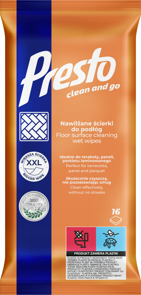 Chusteczki do czyszczenia podłóg Presto, nawilżone, 16 sztuk