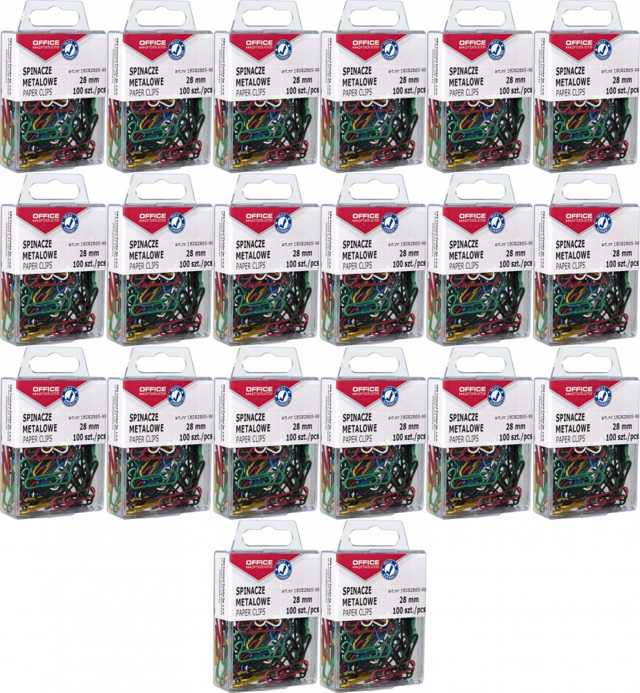 20x Spinacz Office Products, okrągły, w pudełku, 28mm, 100 sztuk, mix kolorów