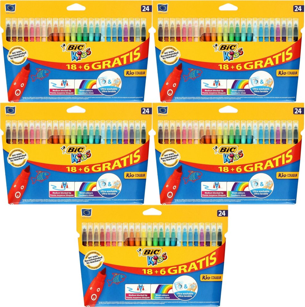 5x Flamastry Bic Kids Kid Couleur, 2.8mm, 18+6 sztuk, mix kolorów