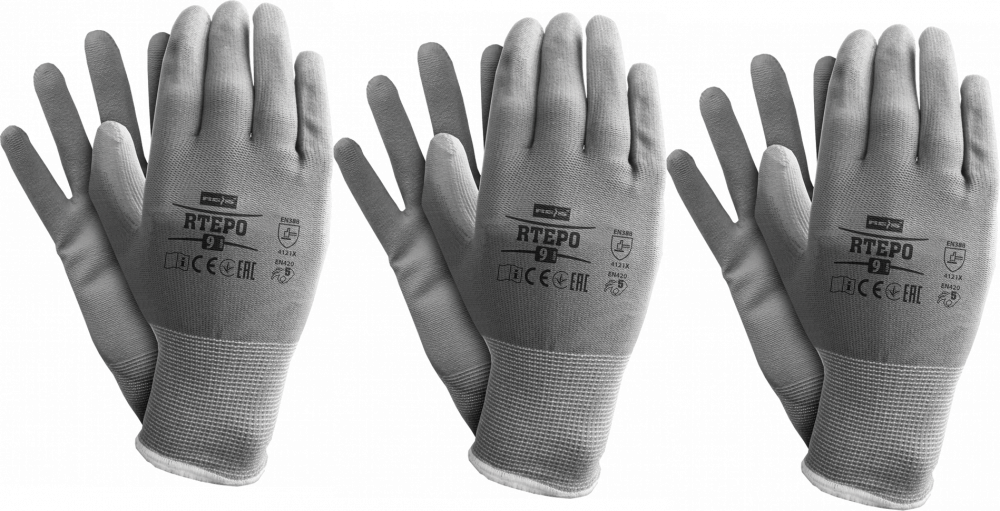 3x Rękawice robocze Reis Rtepo SS, powlekane, rozmiar 10, szary