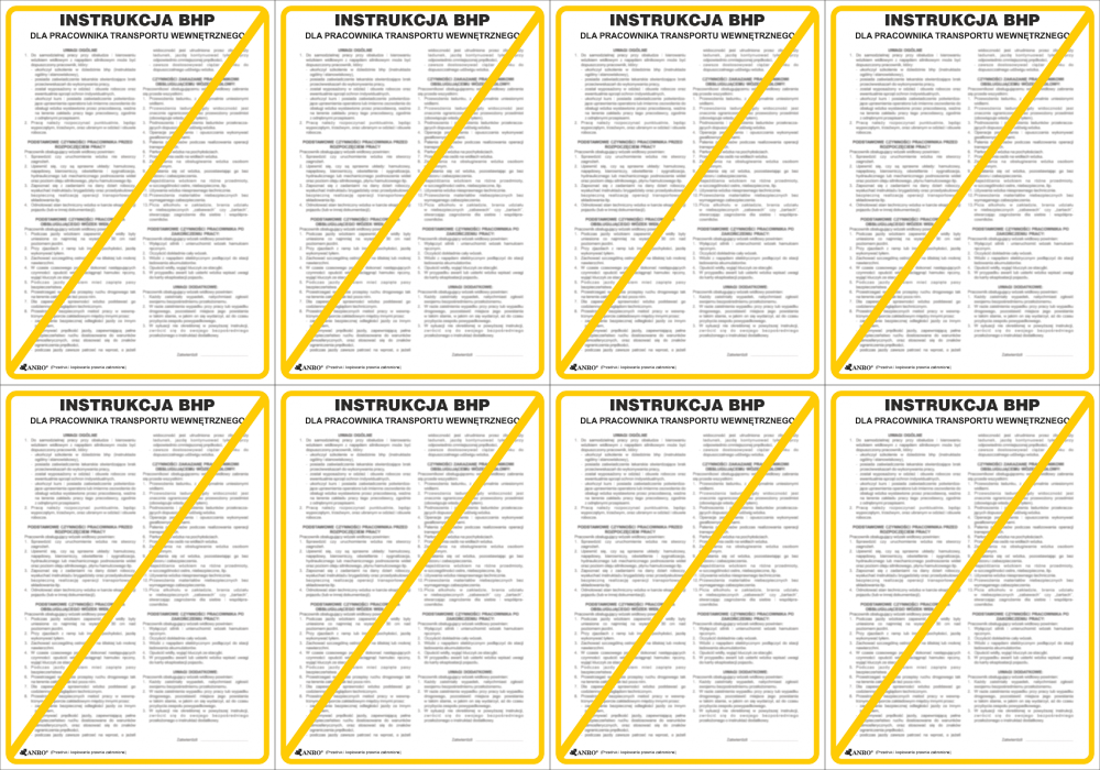 8x Tabliczka informacyjna Instrukcja BHP dla pracownika transportu wewnętrznego w zakładzie Anro, 25x35cm