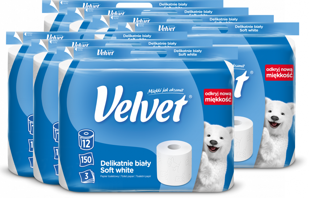 7x Papier toaletowy Velvet, 3-warstwowy, 12 rolek, delikatnie biały